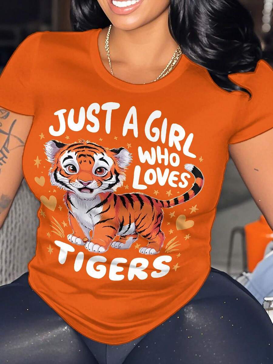 2025 Model Plus-Size Women's Stylish Just A Girl Who Loves Tigers Cute Tiger Printed Casual And Relaxed T-Shirt - 橘色 - 查看 1