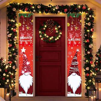 1 Set Red Christmas Faceless Dwarf Print Polyester Vertical Hanging Flag, Polyester, 70.8in*11.8in, Cute Cartoon Style With "Merry Christmas" And "Welcome" Slogans, Holiday Door, Wall Decor, Suitable For Christmas Party And Home Decoration