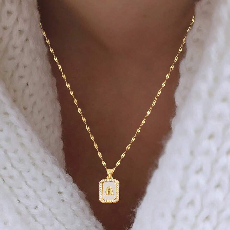 1pc Classic Pave Zirconia Block Initial Pendant Golden Stainless Steel Lip Chain Necklaces For Women - Golden Square Letters - View 1