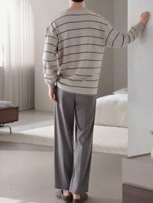 AICJ 2pcs Men's Casual Loose Striped Crew Neck Long Sleeve Pullover Top And Long Pants Pajama Set, Suitable For Party, Home, Travel, Spring, Autumn, Winter, Fall Clothes
