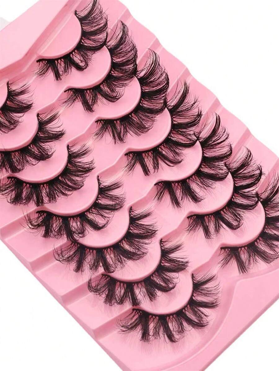 全新 7 对俄罗斯卷经典猫眼人造貂皮假睫毛，自然 DD 卷曲蓬松仿睫毛，交叉纤细戏剧卷仿貂皮睫毛延长，打造自然外观条状睫毛，睫毛，睫毛，假睫毛 - 黑色 - 查看 1