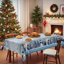 1 件浅蓝色圣诞主题桌布 - 圣诞老人、雪人、驯鹿冬季雪景设计，搭配蓝色雪花 - 耐用涤纶面料 - 适合矩形或圆形桌子，非常适合圣诞节礼物和新年庆祝活动、圣诞餐桌装饰、圣诞装饰 - 彩色 - 查看 6