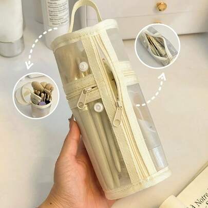 حامل فرشاة المكياج من الشبكة ذو الاستخدامين، علبة أقلام بطراز بسيط، صندوق قرطاسية متعدد الوظائف كبير السعة شفاف، حقيبة فرشاة مكياج محمولة مزودة بسحاب