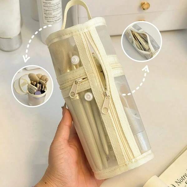 2-In-1 Mesh Makeup Brush Holder, Minimalist Pen Holder Style Pencil Case, Transparent Large Capacity Multi-Functional Stationery Box, Portable Zipper Makeup Brush Bag