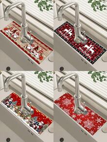 1 件 14*38 厘米圣诞厨房硅藻土垫，带圣诞老人、雪人、侏儒、雪花和麋鹿图案，圣诞装饰水龙头吸水垫，浴室水龙头防溅垫，防潮防滑水龙头垫，厨房台面配件，2025 年家居圣诞装饰礼物 - 彩色 - 查看 2