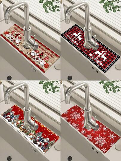 1 件 14*38 厘米圣诞厨房硅藻土垫，带圣诞老人、雪人、侏儒、雪花和麋鹿图案，圣诞装饰水龙头吸水垫，浴室水龙头防溅垫，防潮防滑水龙头垫，厨房台面配件，2025 年家居圣诞装饰礼物
