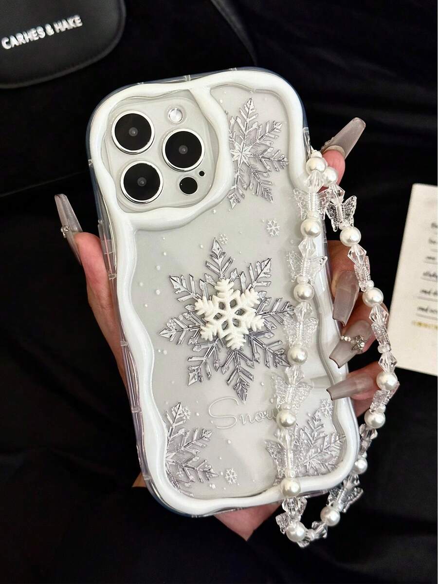 Cream Textured Wavy Edge Gloss Oil Snowflake Painted Anti-Drop Phone Case With Handmade Snowflake Decor, Handmade Beaded Bracelet, Compatible With IPhone 17pro/17Air/17/17promax 16/11/16pro/16plus/16promax/16e/15Promax/13/14/12/XS/XR/7G/8P, Compatible With Samsung Galaxy, Redmi