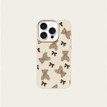 1pc TPU Material Cute Plush Brown Bow Teddy Bear Full Screen Pattern Phone Case Compatible With Apple/ Phones - White - View 5