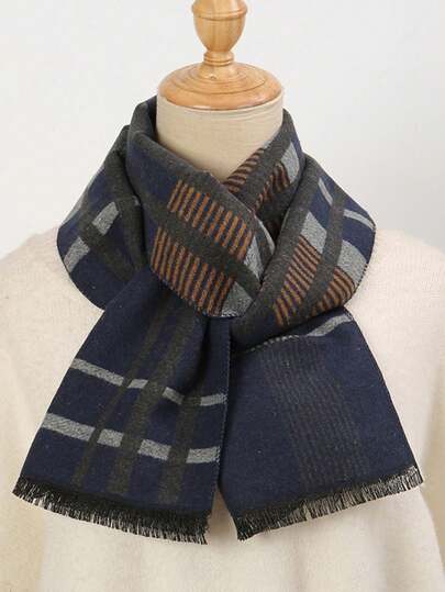 1 件经典条纹和格子印花保暖厚围巾，男女通用时尚休闲情侣围脖，适合日常穿着，秋冬