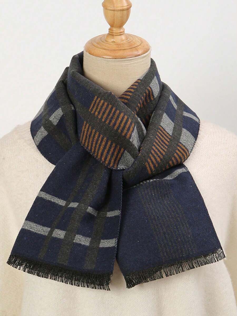 1 件经典条纹和格子印花保暖厚围巾，男女通用时尚休闲情侣围脖，适合日常穿着，秋冬 - 藏蓝色 - 查看 1