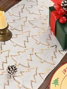 1pc White Gold Foil Christmas Tree Thin Rectangular Table Runner, Polyester Solid Color Decorative Table Runner, Suitable For Home Decor Like Dining Table, TV Stand, Coffee Table, Room Decor, Christmas Decor, Christmas Gifts - Multicolor - View 8