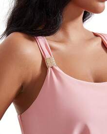 Traje de baño tankini con volantes de cintura alta y control de abdomen para tallas grandes - Rosa - Ver 5