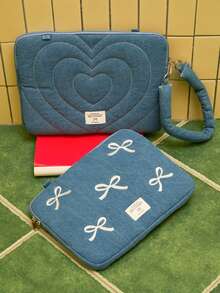 Joivida Laptop Bag Ins Korean Fashion Heart Bow  Embroidery Shoulder Bags Shockproof Tablet Laptop Liner Bag Compatible With MacBook 13-14inch 15-15.6 Inch - Blue - View 1