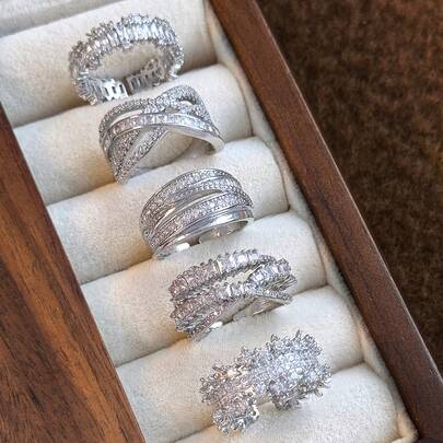 Bộ 5 nhẫn hở có thể điều chỉnh bằng đá Cubic Zirconia sáng bóng sang trọng, thích hợp cho thời trang hàng ngày, tiệc tùng, tiệc tùng, quà tặng lễ hội, trang phục cô dâu cưới