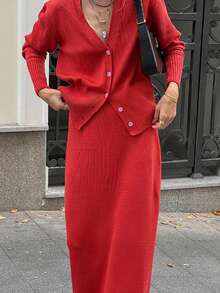 2026新款秋冬女士假日套装，纯色长袖针织开衫和针织半裙，商务、新年、街头、外出、假日、返校、情人节、约会、休闲、优雅两件套 - 紅色 - 查看 6