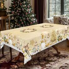 1pc Golden Christmas Tablecloth With Snowman Deer Christmas Tree Patterns, Christmas Decor 2025, Christmas Party Decoration For Home Indoor Outdoor, Luxurious Round Rectangular Table Cloth, Holiday Kitchen Festive Decor, Christmas Gifts - 金色 - 查看 10