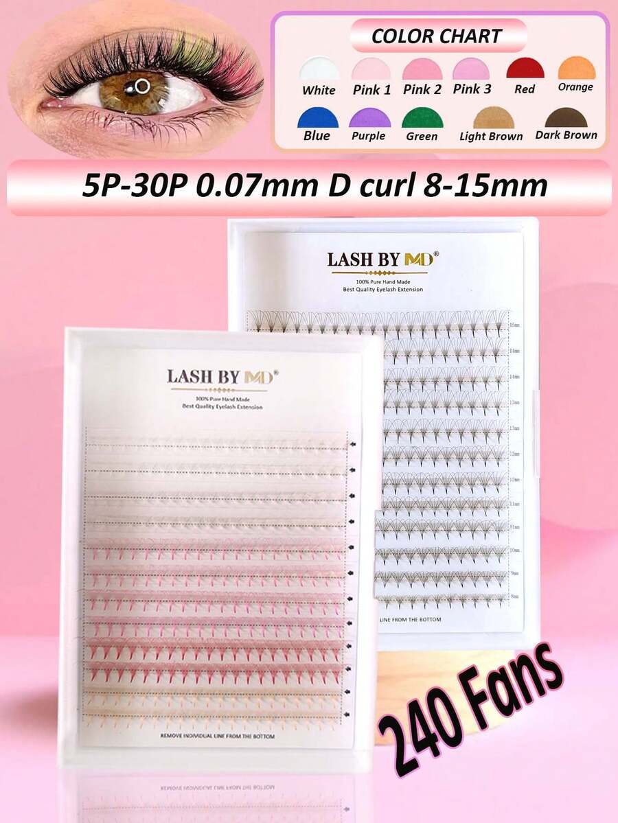 168-480片尖头彩色预制假睫毛簇，5D-20D黑色预制假睫毛簇，中长款假睫毛，手工制作，混合卷度长度8-15毫米 - D - 查看 1