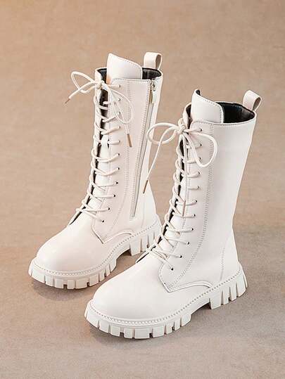Girls' Fashion Versatile Zipper Lace-Up Tall Boots, Boots