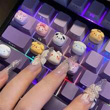 6pcs Anime Sanrio Keycap Sticker Crystal Keycaps DIY Kuromi Theme Personalized Purple Polka Dot Cute Cartoon Sticker Translucent Abs Material Mechanical Keyboard Cap For Gifts