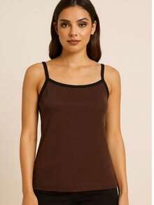 Blusa Regata Alça Fina Canelado Básica Casual  Poliéster Esportes e Fitness - Marrom e preto - Visão 3