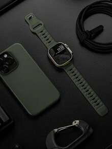 Huastonband 1件裝 軍綠色 戶外運動健身瑜伽防水防汗超薄柔軟3D紋理矽膠材質，適用於Apple Watch Ultra 3/2/1 SE S9/8/7/6/5/4/3/2/1系列智慧手錶替換錶帶 38/40/41mm, 42/44/45/46/49mm配件，男女通用海灘夏季度假、教師節、父親節、畢業季同學禮物 - 軍綠色 - 查看 3