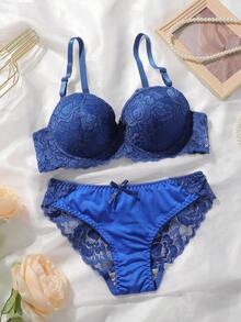 3套女士钢圈文胸刺绣图案浪漫蕾丝聚拢文胸套装 - 彩色 - 查看 5