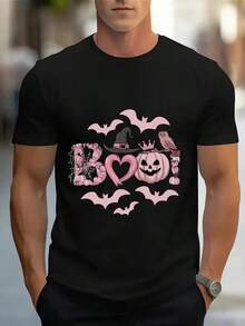 Men'S Navy Blue Halloween Graphic T-Shirt - Soft Stretch Knit Fabric Casual Tee For Costume Parties & Casual Attire - Breathable Summer Shirt With BOO!, Pumpkin, Bat, Heart - Lightweight Everyday Top For Fall Events & Casual Outfits, Halloween Clothes, Festive Event Apparel, Playful Print Design, Comfortable Fit, Holiday Outfit, Fun Pattern, Stretchy Material, Print Top, Party Goers, Halloween T-Shirt, Halloween Apparel,Nightmare Before Christmas,Christmas,Halloween Costumes,Funny T Shirts,Summer Outfits,Thanksgiving Day,Men Graphic Tees,Streetwear Men - màu đen - Xem 1
