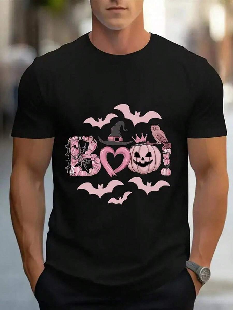 Men'S Navy Blue Halloween Graphic T-Shirt - Soft Stretch Knit Fabric Casual Tee For Costume Parties & Casual Attire - Breathable Summer Shirt With BOO!, Pumpkin, Bat, Heart - Lightweight Everyday Top For Fall Events & Casual Outfits, Halloween Clothes, Festive Event Apparel, Playful Print Design, Comfortable Fit, Holiday Outfit, Fun Pattern, Stretchy Material, Print Top, Party Goers, Halloween T-Shirt, Halloween Apparel,Nightmare Before Christmas,Christmas,Halloween Costumes,Funny T Shirts,Summer Outfits,Thanksgiving Day,Men Graphic Tees,Streetwear Men - màu đen - Xem 1