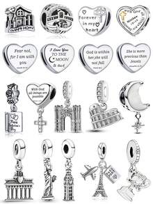 1pc Classic Architectural Series, Heart-Shaped Beads, Cross-Shaped Beads, House, Eiffel Tower, Statue Of Liberty, Roman Colosseum, Arc De Triomphe, Big Ben Pendant Charm Beads For Bracelets DIY Women's Jewelry - Silver - View 1