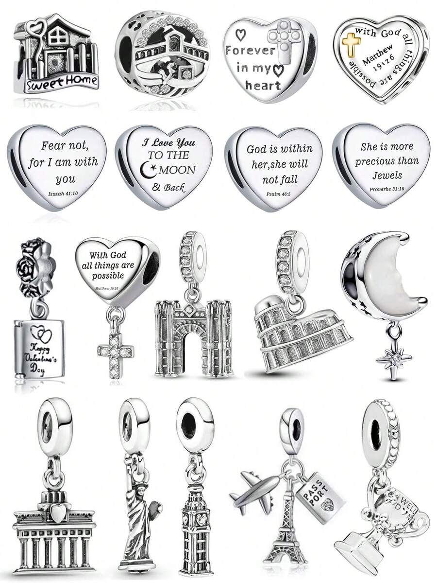 1pc Classic Architectural Series, Heart-Shaped Beads, Cross-Shaped Beads, House, Eiffel Tower, Statue Of Liberty, Roman Colosseum, Arc De Triomphe, Big Ben Pendant Charm Beads For Bracelets DIY Women's Jewelry - Silver - View 1