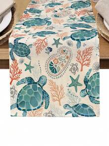 1pc Sea Turtle Themed Printed Table Runner, 4pcs Animal Sea Turtle Printed Placemats, Suitable For Holidays, Parties, Birthdays, Dinners, Kitchen & Dining Room Table Decor, All Season Home & Living Decor