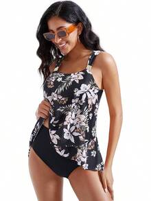 Traje de baño tankini con volantes de cintura alta y control de abdomen para tallas grandes - Floral negro - Ver 6