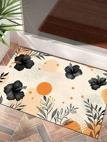 1pc Vintage Floral Pattern Doormat, Modern Minimalist Black White Orange Design Quick Drying Water Absorbent Outdoor Rug, Indoor Entrance Small Carpet, Outdoor Doormat, Bathroom, Laundry Room, Bathroom Entrance, Sink Front, Shower Room And Party Carpet, Bathroom Decor, Bathroom Mat, Bathroom Accessories, Machine Washable Shower Mat Doormat, Suitable For Living Room, Bedroom, Kitchen And Various Scenes At The Entrance, Party, Holiday, Gift, Dinner