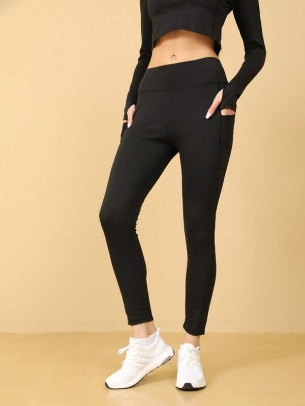 Solid Color Ladies Plus Velvet Padded High Waist Pocket Yoga Pants Elastic Tight Aerobics Leggings High Waist Sports Fitness Pants.Black Tights,Tights