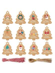 48pcs Christmas Vintage Christmas Tree Shaped Tag Patterns Gift Packaging Labels (With Hanging Cord), Santa Claus And Snowman Pattern Paper Gift Decorative Tags, Suitable For Christmas Party Gifts And Christmas - Multicolor - View 9