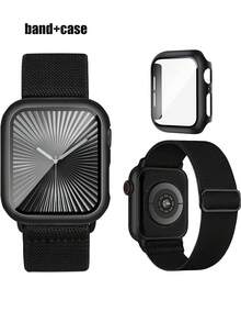 Correa de reloj de nailon y estuche compatible con Apple Watch de 40/44/41/45/42/46/49 mm, banda deportiva de nailon elástica, suave y transpirable de un solo bucle, protección y estuche protector de vidrio templado resistente a golpes y arañazos 2 en 1, compatible con Apple Watch Series Ultra/11/10/9/8/7/SE/6/5/4 para hombres y mujeres