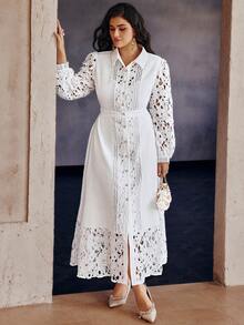 Simplee Plus Size Women's Elegant Lace Patchwork Front Button Long Dress, Suitable For Party And Vacation Wear, Spring/Summer - White - View 5