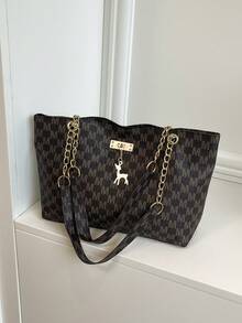 Bolso de mano de gran capacidad de moda 2024 para mujer, bolso de hombro de cadena vintage con estampado, adecuado para ir al trabajo - Café integral - Ver 3