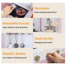 Kinder King Wooden Kids Play Kitchen, Toy Kitchen Playset For Toddler, Realistic Kitchen Sets W/Lights & Sounds, Pretend Ice Maker, Telephone, Kitchen Accessories, Gift For Boys Girls Age 3+, Halloween Christmas Gift, Pink