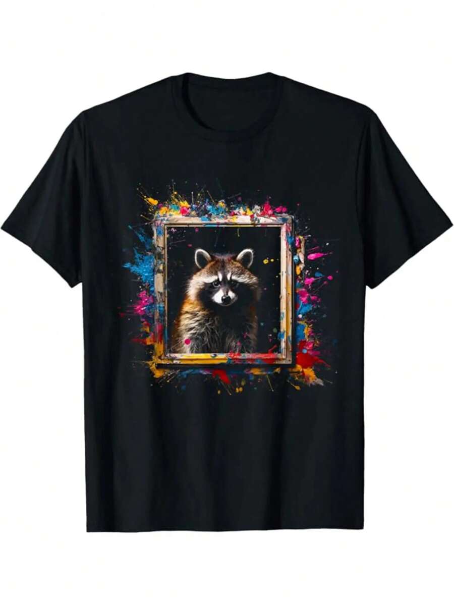 Animal Raccoon Printed, Men's Cotton Graphic T-Shirt, Casual Short Sleeve Crew Neck Gamer T-Shirt, Men's Tee For Outdoor - màu đen - Xem 1
