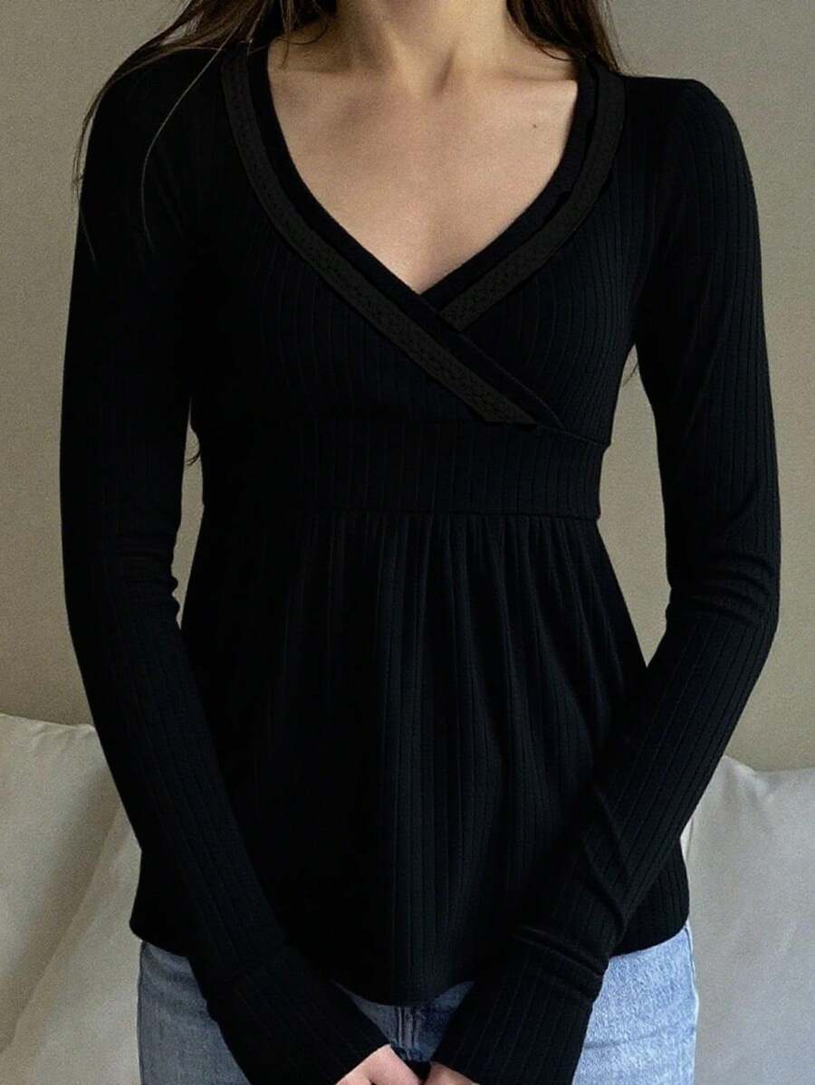 Women Y2k Fairy Grunge Ribbed T Shirt Top Long Sleeve V Neck Babydoll Flowy Tee Shirts Tops With Thumb Hole Spring Fall Teen Girls Going Out Tops Vintage Aesthetic 2000s Clothes - 黑色 - 查看 1