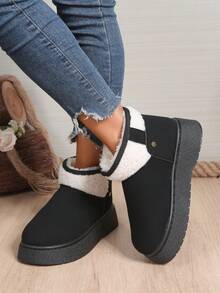 1 Pair Plus Size 36-42 Solid Color Textured Pattern Punk Boho Cute Faux Fur Lining Fluffy Fur Trim Faux Fur Patchwork Thick Sole Snow Boots, Suitable For Home, Vacation, Outdoor In Winter