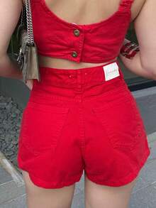 Shorts Skirt Women's Jeans Fashion High Waist Short Skirt With Shorts Inner Short Summer Tailoring - 紅色 - 查看 3