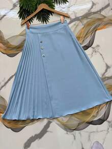 Steve Store Women's Fashion Elegant Patchwork A-Line Pleated Skirt With Simple Front Buttons - azul claro - 查看 5