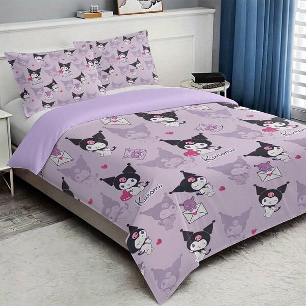 Sanrio Sanrio Kuromi Themed Bedding Set - 3 Pieces, Soft & Durable, 100% Polyester, Affordable Polyester, Includes 1 Duvet Cover & 2 Pillow Shams - Adorable Cartoon Pattern, Creates A Cozy Bedroom
