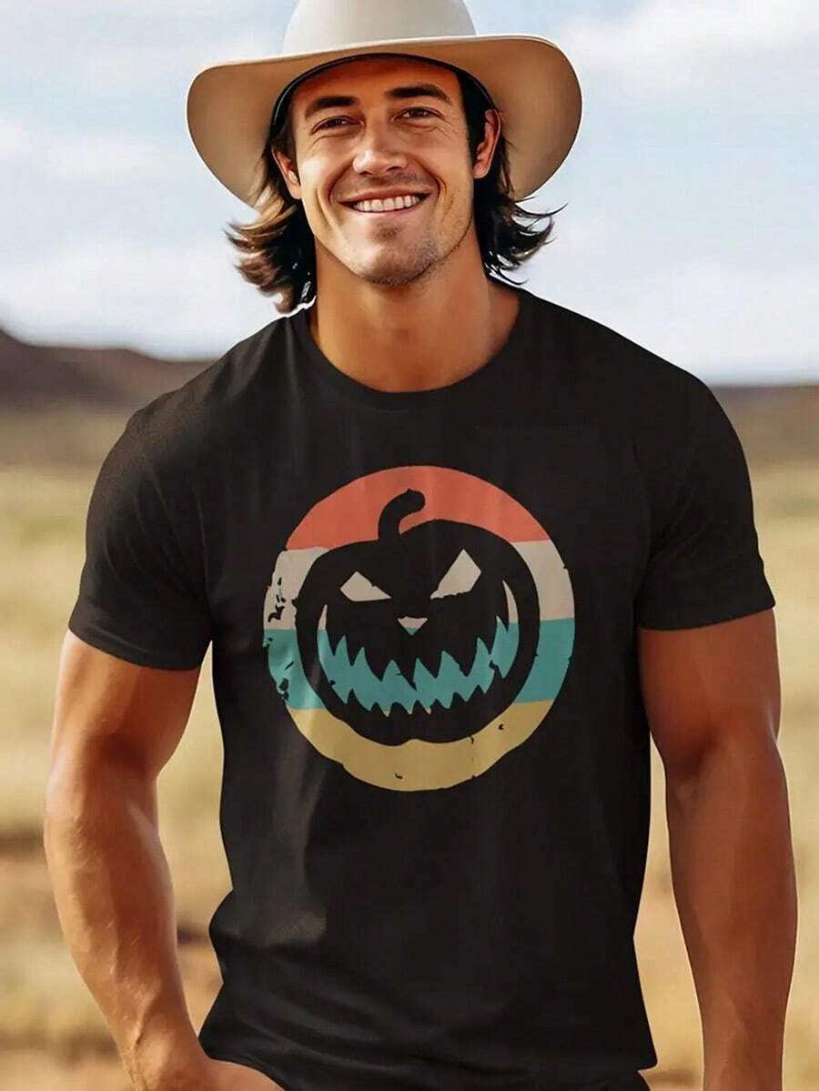 Halloween Printed Mens Cotton T-Shirt, Casual Short Sleeved Round Neck T-Shirt, Mens Top,Nightmare Before Christmas,Christmas,Halloween Costumes,Funny T Shirts,Summer Outfits,Thanksgiving Day,Men Graphic Tees,Streetwear Men - Black - View 1