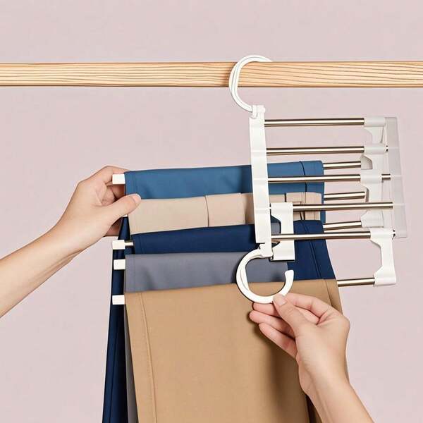 5 piezas/2 piezas Percha multiusos para pantalones, percha plegable de metal resistente a la oxidación 5 en 1, organizador de espacio para el armario para dormitorio, dormitorio, baño, tienda minorista, adecuado para vaqueros, pantalones cortos, todas las estaciones