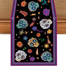1pc Mexican Style Skull Table Runner, 13x72 Inches, Mexican Carnival Party Table Runner, Suitable For Day Of The Dead, Halloween Party Supplies, Restaurant And Home Decor, Holiday Dining Table Decoration - Multicolor - View 3