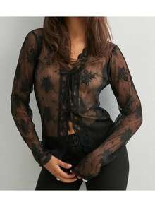 Womens Tie-Up Front Tops Long Sleeve V Neck Slim Fit Sheer Lace Shirts Spring Fall Blouses - 黑色 - 查看 1