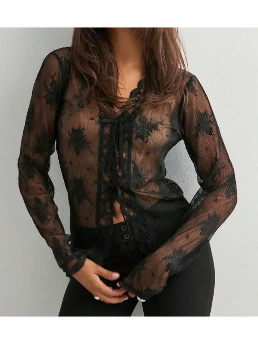 Womens Tie-Up Front Tops Long Sleeve V Neck Slim Fit Sheer Lace Shirts Spring Fall Blouses - 黑色 - 查看 1